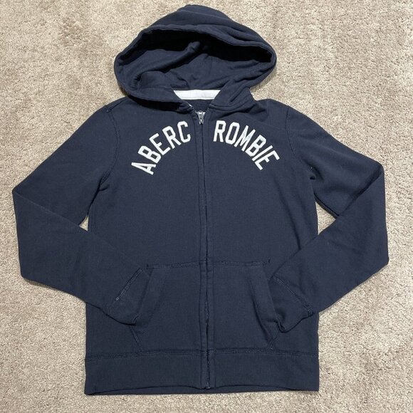 Abercrombie Kids Full Zip Hoodie Sweatshirt Size 13/14 Navy Blue Spellout - Picture 2 of 7